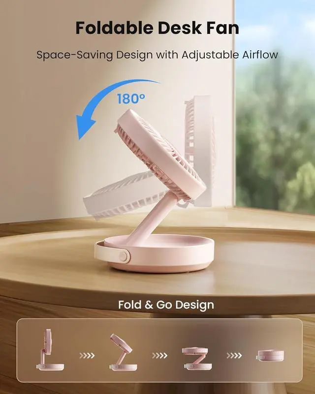 Alt view image 2 of 7 - Gaiatop Foldable Small Desk Fan, 6000mAh Battery Powered Portable Fan with LED Night Light, USB Rechargeable, Bedroom Office Dorm Travel Camping Essentials, Summer Gifts for Women Girls Mom, Pink