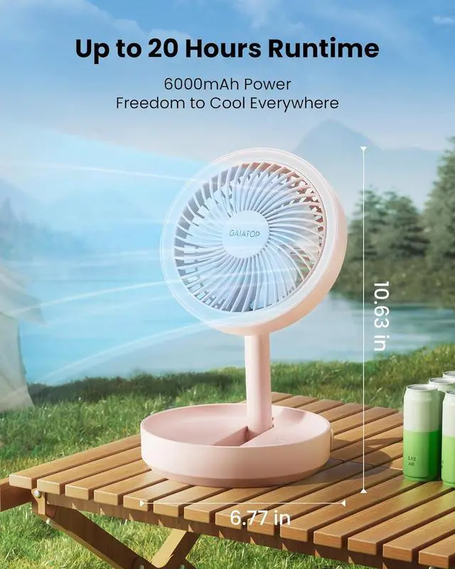 Alt view image 3 of 7 - Gaiatop Foldable Small Desk Fan, 6000mAh Battery Powered Portable Fan with LED Night Light, USB Rechargeable, Bedroom Office Dorm Travel Camping Essentials, Summer Gifts for Women Girls Mom, Pink