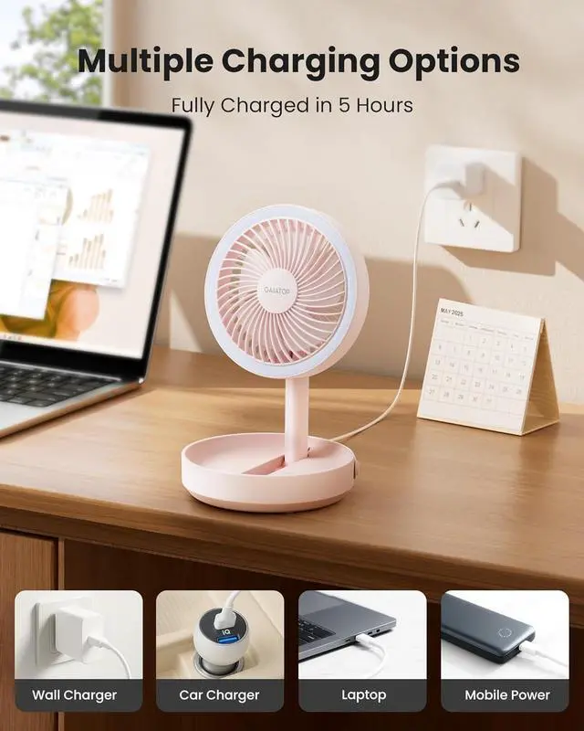 Alt view image 6 of 7 - Gaiatop Foldable Small Desk Fan, 6000mAh Battery Powered Portable Fan with LED Night Light, USB Rechargeable, Bedroom Office Dorm Travel Camping Essentials, Summer Gifts for Women Girls Mom, Pink