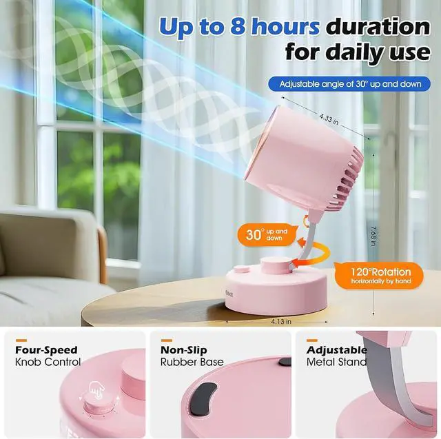 Alt view image 6 of 7 - Portable Small Aroma Desk Fan - USB-C Rechargeable 4000mAh 4 Speeds Mini Quiet Table Fans Tilt Adjustable for Bedroom Office & Home, 9H (Pink)