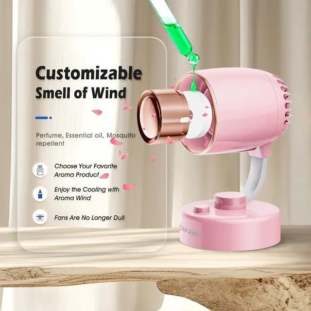 Alt view image 3 of 7 - Portable Small Aroma Desk Fan - USB-C Rechargeable 4000mAh 4 Speeds Mini Quiet Table Fans Tilt Adjustable for Bedroom Office & Home, 9H (Pink)
