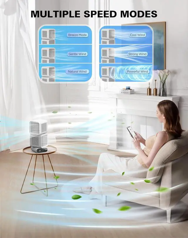 Alt view image 2 of 7 - Desk Fan, 11-Inch Table Fan for Bedroom, 6 Speeds, Digital Display, Dual Heads 6000mAh Battery USB Fans, 360° Rotating, 120° Auto Oscillating, Desk Fans Small Quiet for Home, Office, Kitchen