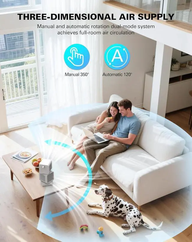 Alt view image 3 of 7 - Desk Fan, 11-Inch Table Fan for Bedroom, 6 Speeds, Digital Display, Dual Heads 6000mAh Battery USB Fans, 360° Rotating, 120° Auto Oscillating, Desk Fans Small Quiet for Home, Office, Kitchen