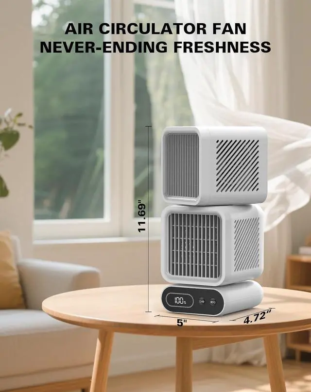 Alt view image 6 of 7 - Desk Fan, 11-Inch Table Fan for Bedroom, 6 Speeds, Digital Display, Dual Heads 6000mAh Battery USB Fans, 360° Rotating, 120° Auto Oscillating, Desk Fans Small Quiet for Home, Office, Kitchen