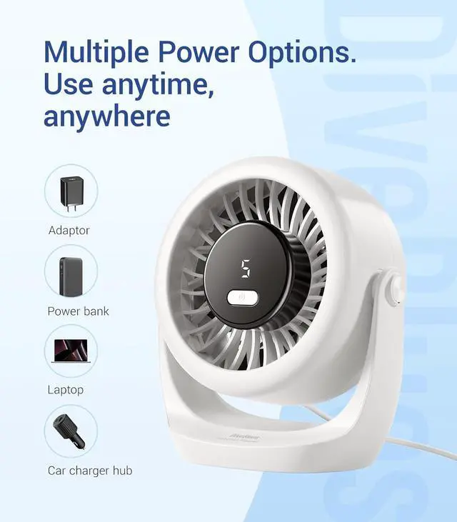 Alt view image 4 of 7 - Diveblues USB Desk Turbo Fan, Ultra-Quiet Mini Desk Fan, Powerful Wind, LED Display, 5 Speed, 360° Rotating Small Portable Fan for Home, Office and Outdoor Cool Tech Gadgets - TurboBreeze