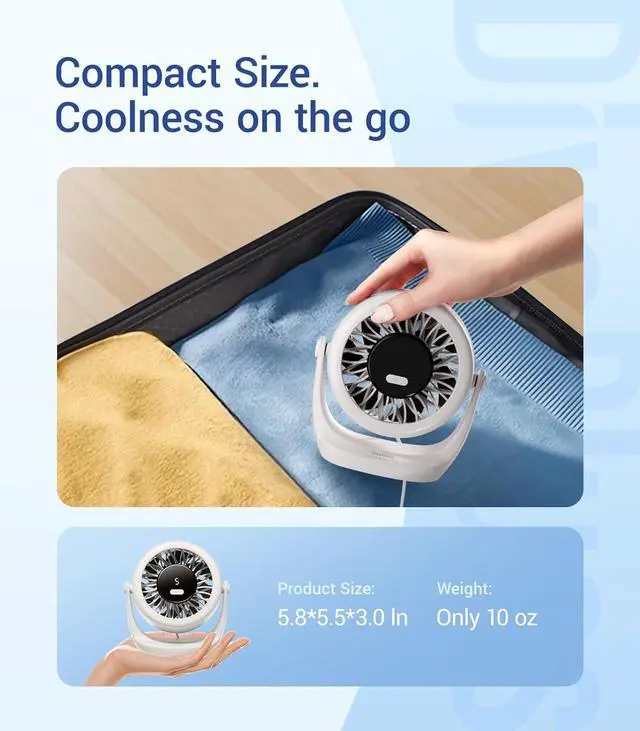 Alt view image 7 of 7 - Diveblues USB Desk Turbo Fan, Ultra-Quiet Mini Desk Fan, Powerful Wind, LED Display, 5 Speed, 360° Rotating Small Portable Fan for Home, Office and Outdoor Cool Tech Gadgets - TurboBreeze