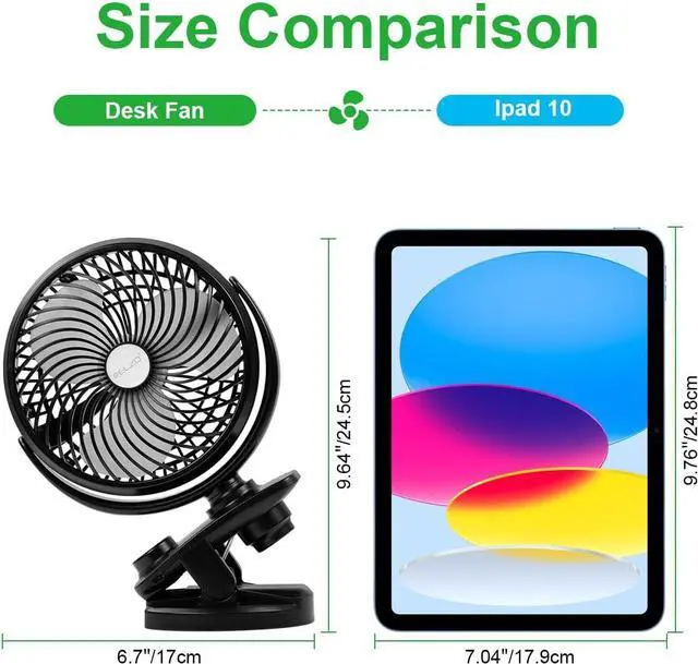 Alt view image 4 of 7 - ELZO Clip on Fan, 5000mAh Mini USB Desk Auto Oscillating Small Fan, 360° Rotation Rechargeable Stepless Speed, Super Quiet Portable Fan for Office Stroller Car Camping Travel, Black