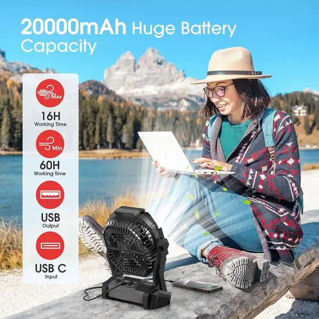 Alt view image 2 of 7 - Portable Fan Rechargeable, 20000mAh Cordless Battery Powered Fan with LED Lantern, USB C Battery Operated for Travel Bedroom Home Camping Tent Office Beach Desk Fishing Table