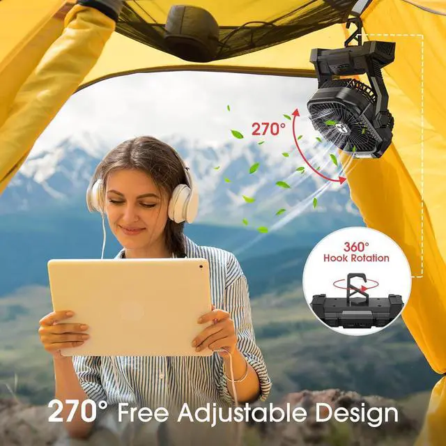 Alt view image 3 of 7 - Portable Fan Rechargeable, 20000mAh Cordless Battery Powered Fan with LED Lantern, USB C Battery Operated for Travel Bedroom Home Camping Tent Office Beach Desk Fishing Table