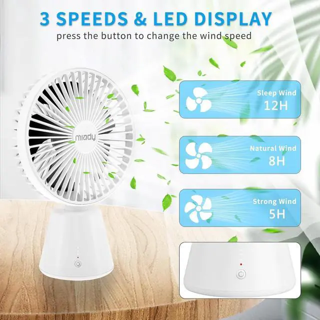 Alt view image 2 of 7 - Miady USB Desk Fan, Upgraded 5000mAh Portable Desktop Fan 135°Auto-Oscillating 3 Speeds Mini Cooling Personal Table Fan for Home Office Travel Camping Outdoor