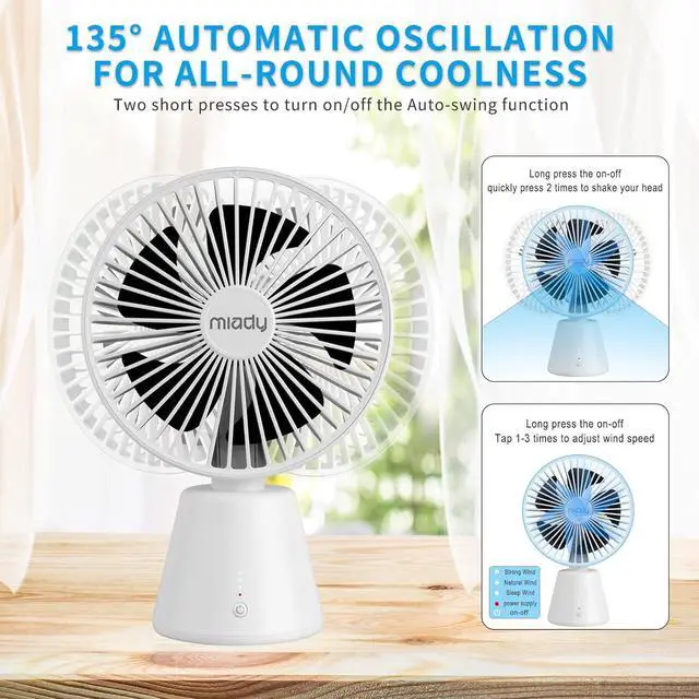 Alt view image 3 of 7 - Miady USB Desk Fan, Upgraded 5000mAh Portable Desktop Fan 135°Auto-Oscillating 3 Speeds Mini Cooling Personal Table Fan for Home Office Travel Camping Outdoor