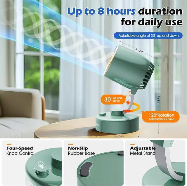 Alt view image 3 of 7 - Portable Small Aroma Desk Fan - USB-C Rechargeable 4000mAh 4 Speeds Mini Quiet Table Fans Tilt Adjustable for Bedroom Office & Home, 9H (Green)