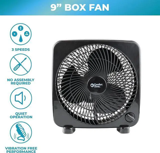 Alt view image 4 of 7 - Comfort Zone Box Fan, 9 inch Portable Desk fan, Quiet 3 Speed Mini Fan for Bedroom, Electric Bedside Table Fan, Black