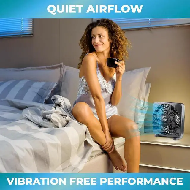 Alt view image 6 of 7 - Comfort Zone Box Fan, 9 inch Portable Desk fan, Quiet 3 Speed Mini Fan for Bedroom, Electric Bedside Table Fan, Black