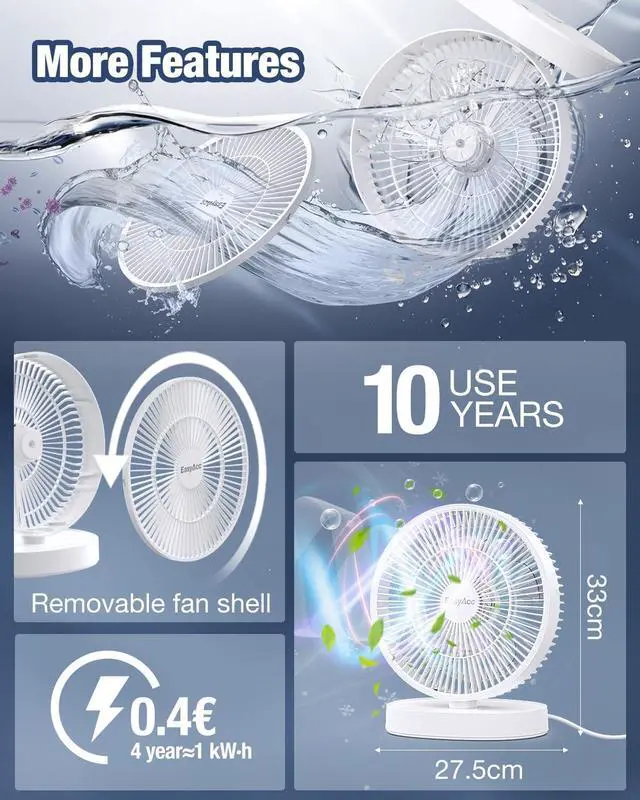 Alt view image 7 of 7 - EasyAcc 11 Inch Large Desk Fan, USB Fan Air Circulator Fan Ultra Quiet 24 dB, IP67 waterproof, 5 Speeds, Timer, Energy Saving Table Fan, Adjustable Angle for Home, Office, BedroomUSB - Powered