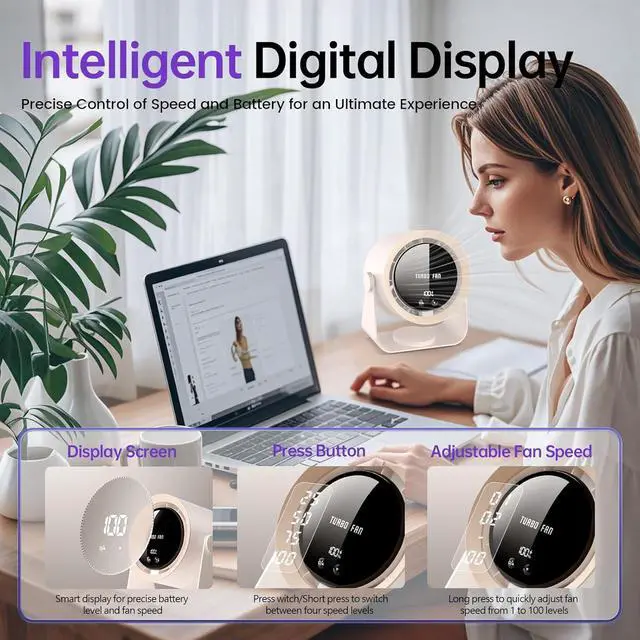 Alt view image 5 of 6 - Desk Fan, USB Rechargeable Quiet Desktop Fan with 5400mAh Battery & LED Display, Adjustable Speed Control, 90° Tilt Head Hangable Table Fan for Office, Bedroom, Dorm, Kitchen (Deep Sky Grey)