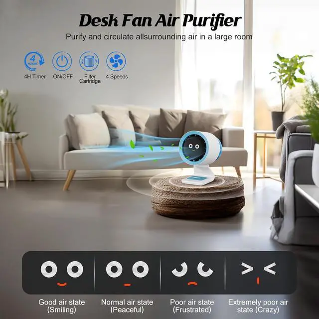 Alt view image 5 of 7 - Desk Fan,Small Fan for Bedroom,Portable Fan with Air Purifier,Personal Fan with Four Different Emotions,Desk Fans Small Quiet,4 Speed Adjustment,Cooling Fan for Home Office Bedroom(No Battery)
