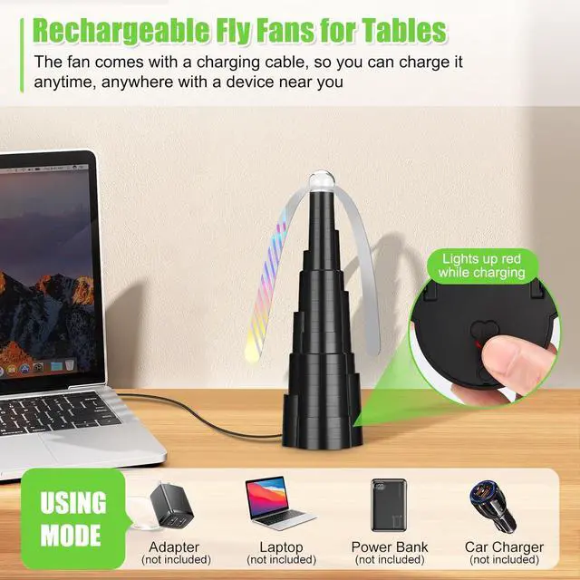 Alt view image 3 of 7 - Fly Fans for Tables, Rechargeable Fly Fan for Outdoor Table, Food Fan Table Top with Colorful Light, Fly Spinner for Home Party Picnic, Restaurant, Camping