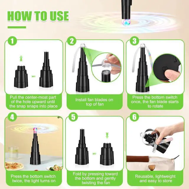 Alt view image 6 of 7 - Fly Fans for Tables, Rechargeable Fly Fan for Outdoor Table, Food Fan Table Top with Colorful Light, Fly Spinner for Home Party Picnic, Restaurant, Camping