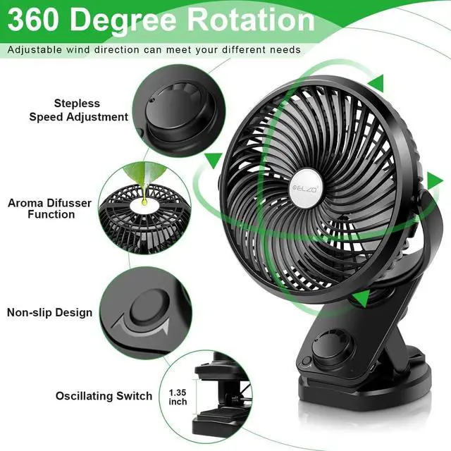 Alt view image 3 of 7 - ELZO Clip on Fan, 5000mAh Mini USB Desk Auto Oscillating Small Fan, 360° Rotation Rechargeable Stepless Speed, Super Quiet Portable Fan for Office Stroller Car Camping Travel, Black
