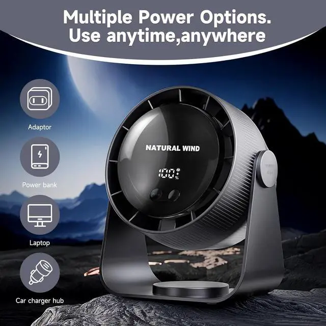 Alt view image 4 of 7 - Desk FanDigital Display Rechargeable USB Portable Fan5 Speeds Strong AirflowUltra Quiet Wall-Mounted Desk Fan for Home Office Kitchen Bedroom Bedside Travel Camping Black