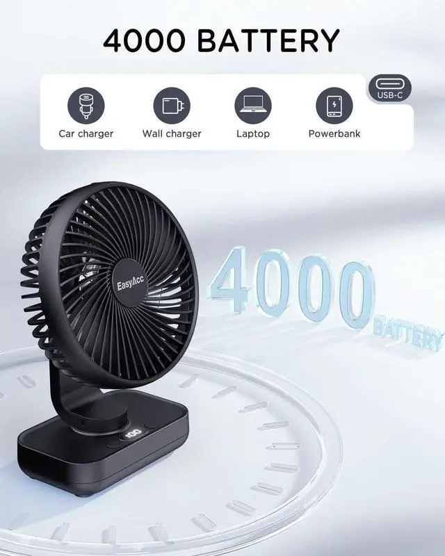 Alt view image 5 of 7 - EasyAcc Small Oscillating Fan - 4000mAh, 5-23 Working Time, Rechargeable Desktop Air Circulate Fan with 4 Speed for Home Office