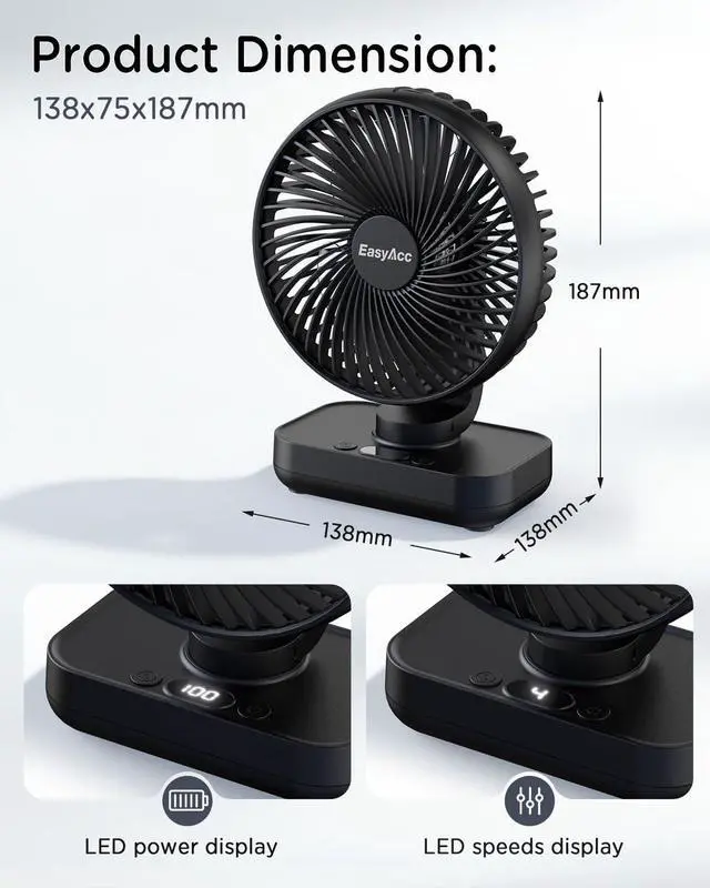 Alt view image 7 of 7 - EasyAcc Small Oscillating Fan - 4000mAh, 5-23 Working Time, Rechargeable Desktop Air Circulate Fan with 4 Speed for Home Office
