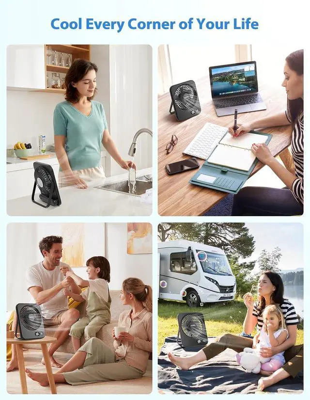 Alt view image 6 of 7 - Desk Fan Rechargeable, Portable Battery Desk Fan for Office Bedroom Bedside, Ultra Silent Table Fan with Strong Airflow, Tilt Folding Fan for Travel, 5-Speed with 1800mAh Battery & LCD Display