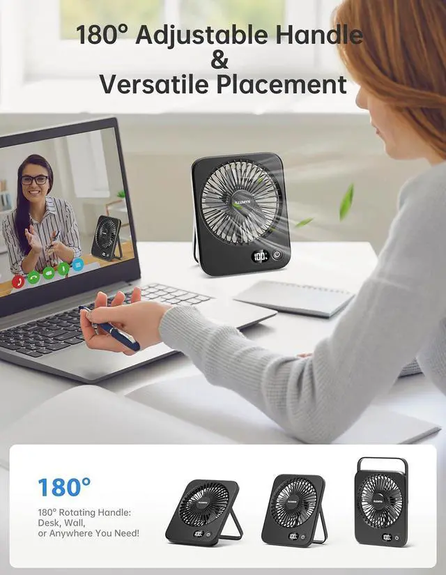 Alt view image 4 of 7 - Desk Fan Rechargeable, Portable Battery Desk Fan for Office Bedroom Bedside, Ultra Silent Table Fan with Strong Airflow, Tilt Folding Fan for Travel, 5-Speed with 1800mAh Battery & LCD Display