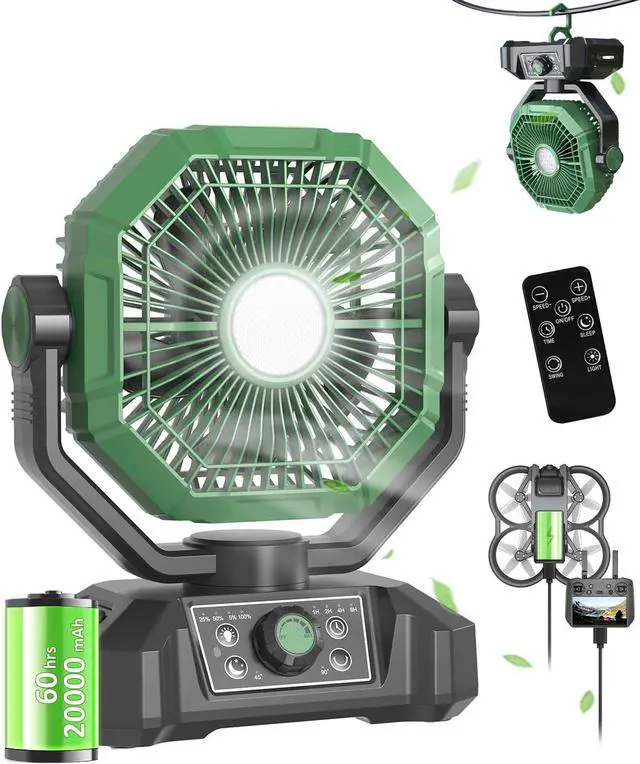 Main image of 20000mAh Portable Camping Fan with Lights, Rechargeable Battery Operated Fan, Battery Powered Outdoor Beach Tent with 3 Speeds & Hook, Personal USB Table for Travel Camping Tent