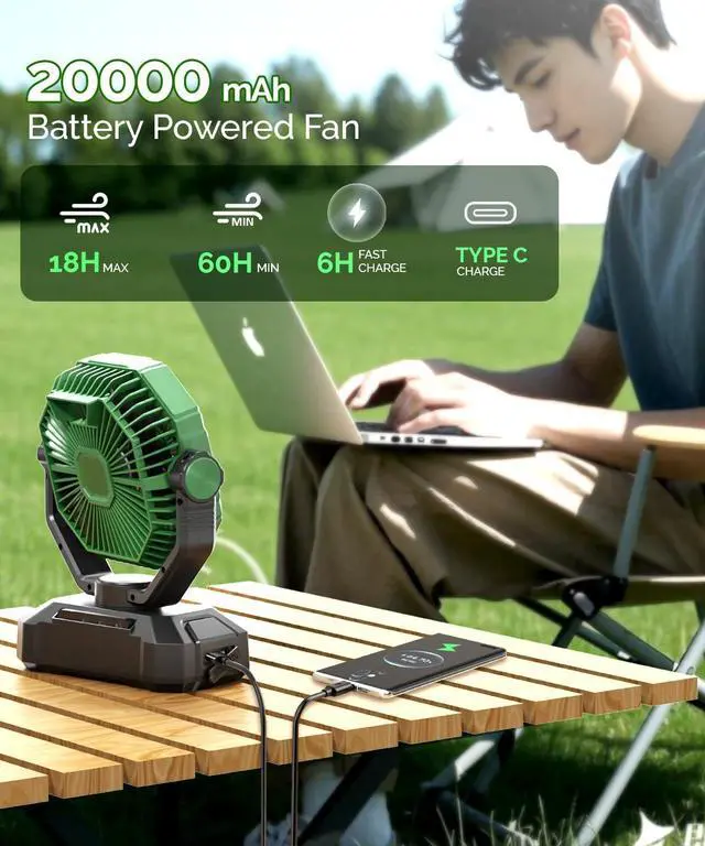 Alt view image 2 of 7 - 20000mAh Portable Camping Fan with Lights, Rechargeable Battery Operated Fan, Battery Powered Outdoor Beach Tent with 3 Speeds & Hook, Personal USB Table for Travel Camping Tent