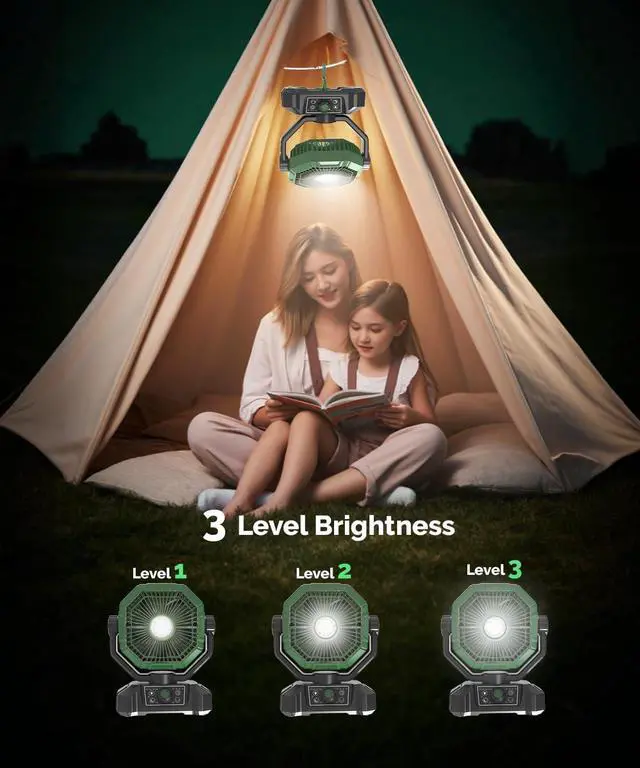 Alt view image 6 of 7 - 20000mAh Portable Camping Fan with Lights, Rechargeable Battery Operated Fan, Battery Powered Outdoor Beach Tent with 3 Speeds & Hook, Personal USB Table for Travel Camping Tent