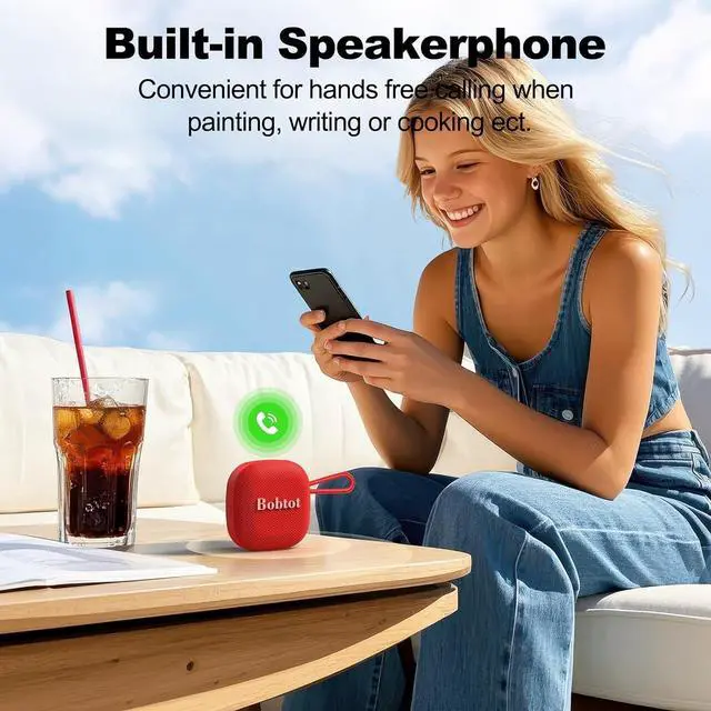 Alt view image 5 of 6 - Bobtot Portable Bluetooth Speakers Wireless - IPX7 Waterproof Shower Speaker with 16 Hours Playtime, Loud Stereo Sound, TWS, Built-in Mic, Mini Size with Lanyard to Carry, Red