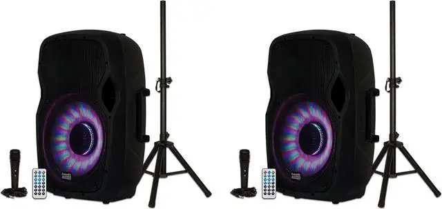 Main image of Acoustic Audio by Goldwood 15 Inch 1000 Watt Bluetooth LED Speaker System with RCA25 Pro Audio 25 Foot Stereo Cables, Red/White (2 Pack)