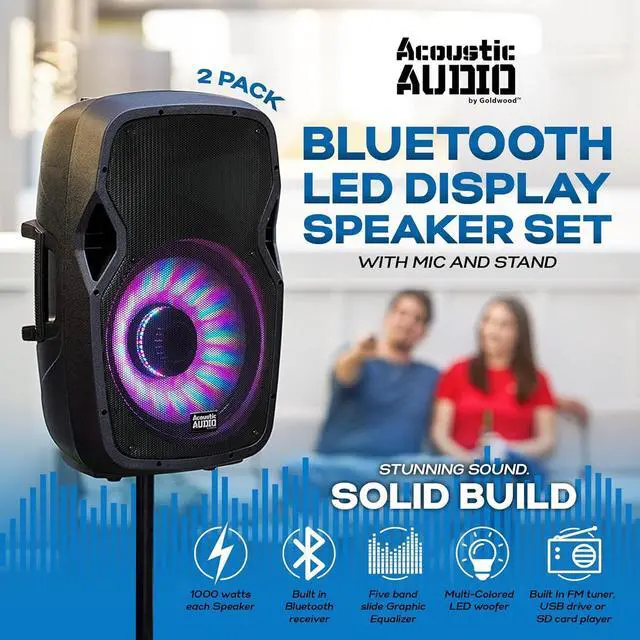 Alt view image 2 of 7 - Acoustic Audio by Goldwood 15 Inch 1000 Watt Bluetooth LED Speaker System with RCA25 Pro Audio 25 Foot Stereo Cables, Red/White (2 Pack)