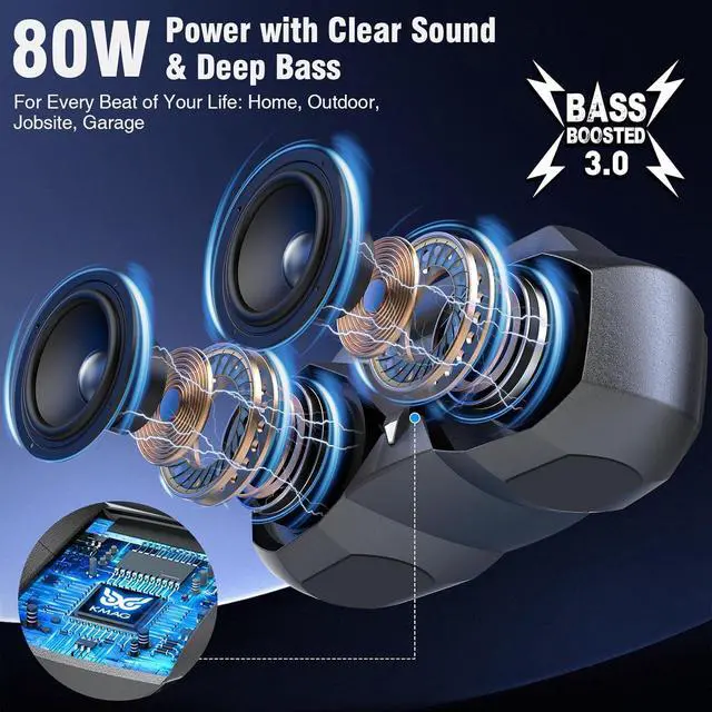 Alt view image 2 of 7 - KMAG Bluetooth Speaker Wireless, 80W Loud Speaker with Deeper Bass, IPX7 Waterproof, 20H Playtime, Cool Lights, TWS, Portable Speaker for Home, Outdoor, Workshop, Party, Gift for All