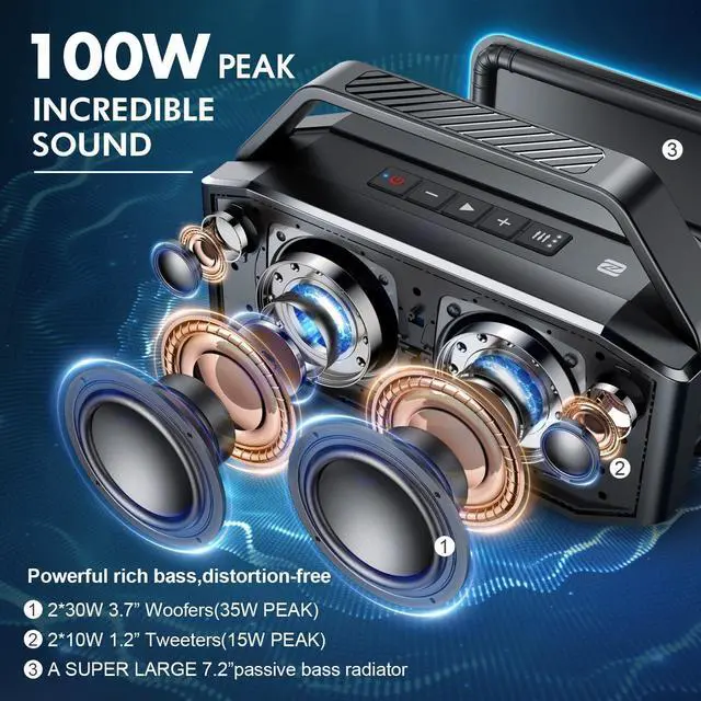 Alt view image 2 of 7 - W-KING Portable Loud Bluetooth Speaker, 100W Max Waterproof Outdoor Speakers Bluetooth Wireless, IPX6 Party Big Large Speaker Boombox, 60W Exlarge Deep Bass Passive Radiator/40H/Power Bank/TF/AUX/EQ