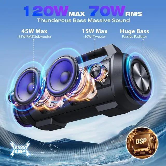 Alt view image 2 of 7 - W-KING Portable Speakers Bluetooth Wireless, 120W Max Loudest Bluetooth Speaker, IPX6 Waterproof Outdoor Speaker with 70W Deep Bass/2*Subwoofer/DSP/EQ/42H/LED/MAC-in/Power Bank, Large Party Boombox