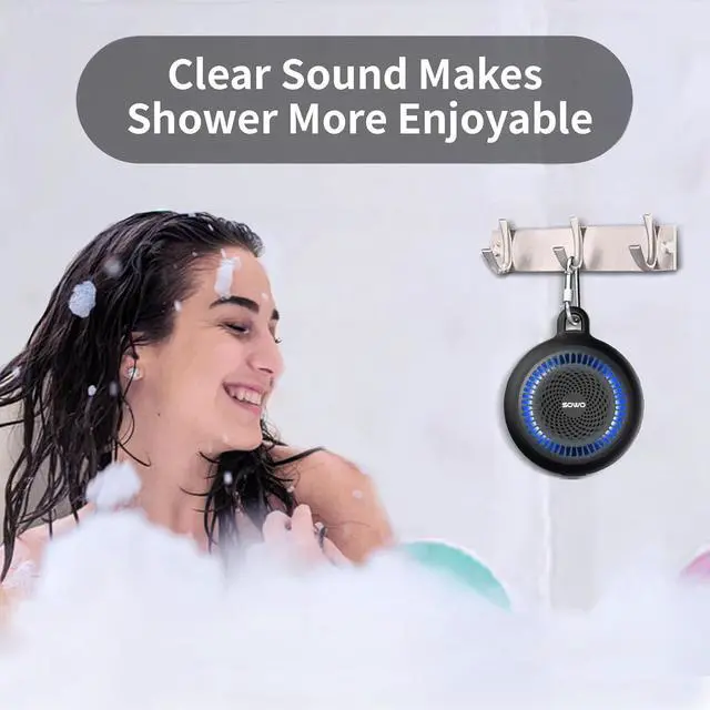Alt view image 6 of 7 - SOWO Shower Speaker Bluetooth Waterproof | Small Portable Wireless Bluetooth Speaker with Clip | Powerful Bass and Louder Volume | Colorful Lights and Lightweight | for Bathroom,Travel,Beach | Black