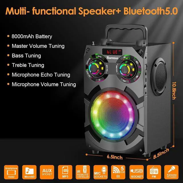 Alt view image 2 of 7 - 60W Bluetooth Speaker, Party Speakers Wireless with 8000mAh Battery & Subwoofer, Bluetooth 5.0, Deep Bass, 2.1 Surround Sound & Phone Stand for Home, Outdoor, Camping (Black)