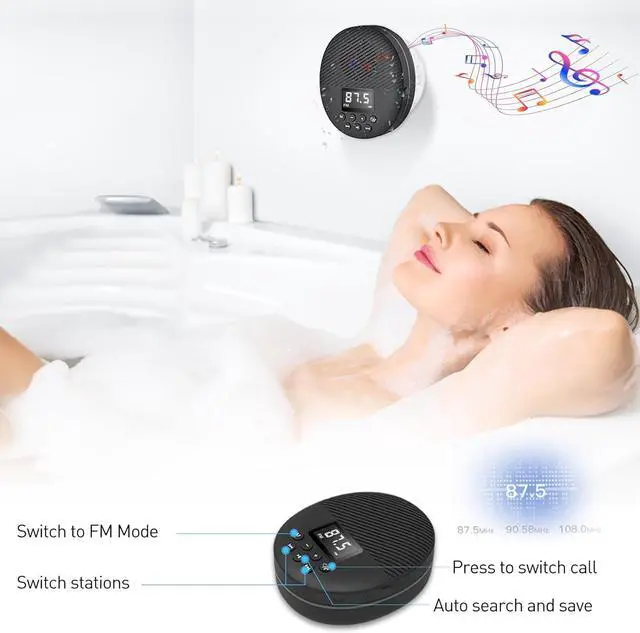 Alt view image 2 of 7 - Shower Radio Speaker with Bluetooth 5.0, AGPTEK Waterproof Wireless Bathroom FM with Suction Cup 12H Long Playback Time, Lanyard, LCD Screen Display, Handsfree Calling, Storage Card Playback Black
