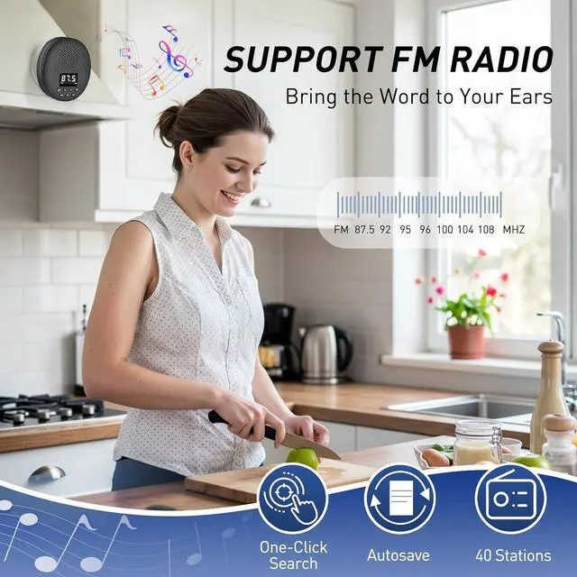 Alt view image 3 of 7 - Shower Radio Speaker with Bluetooth 5.0, AGPTEK Waterproof Wireless Bathroom FM with Suction Cup 12H Long Playback Time, Lanyard, LCD Screen Display, Handsfree Calling, Storage Card Playback Black