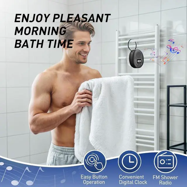 Alt view image 6 of 7 - Shower Radio Speaker with Bluetooth 5.0, AGPTEK Waterproof Wireless Bathroom FM with Suction Cup 12H Long Playback Time, Lanyard, LCD Screen Display, Handsfree Calling, Storage Card Playback Black