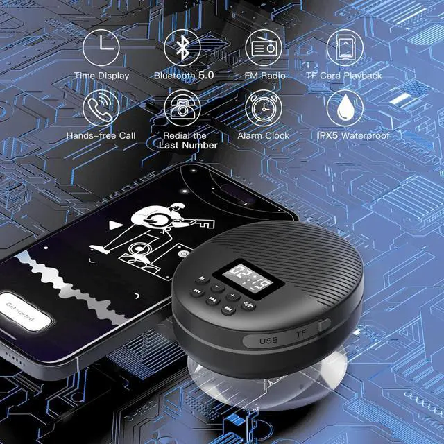 Alt view image 7 of 7 - Shower Radio Speaker with Bluetooth 5.0, AGPTEK Waterproof Wireless Bathroom FM with Suction Cup 12H Long Playback Time, Lanyard, LCD Screen Display, Handsfree Calling, Storage Card Playback Black