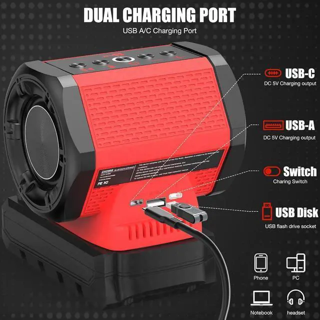 Alt view image 4 of 7 - ohyes Bluetooth Speaker Compatible with Milwaukee 18V Battery Packs with USB-A/C Charging for Jobsite Camping & Parties (Battery not Included)
