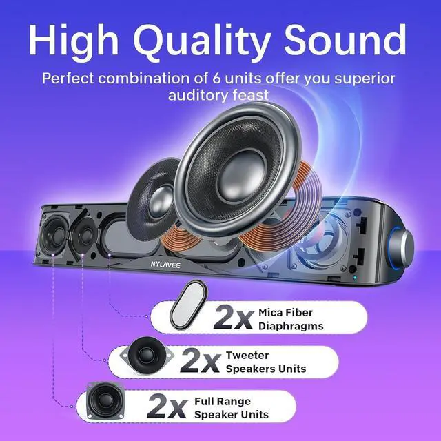 Alt view image 2 of 7 - Computer Speakers, HiFi Sound Quality Computer Sound Bar, USB Powered PC Speakers, Bluetooth 5.0 and 3.5mm Aux-in Computer Speakers for Desktop, Laptops, PCs, Phones, Tablets, Xbox, Gaming Speakers