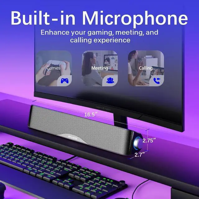 Alt view image 5 of 7 - Computer Speakers, HiFi Sound Quality Computer Sound Bar, USB Powered PC Speakers, Bluetooth 5.0 and 3.5mm Aux-in Computer Speakers for Desktop, Laptops, PCs, Phones, Tablets, Xbox, Gaming Speakers