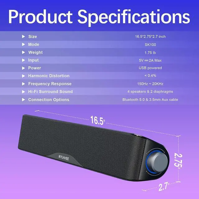 Alt view image 7 of 7 - Computer Speakers, HiFi Sound Quality Computer Sound Bar, USB Powered PC Speakers, Bluetooth 5.0 and 3.5mm Aux-in Computer Speakers for Desktop, Laptops, PCs, Phones, Tablets, Xbox, Gaming Speakers