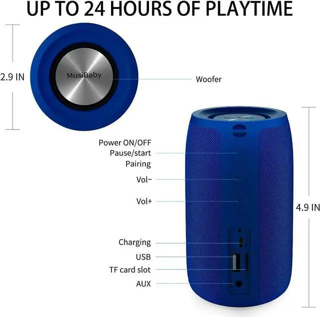 Alt view image 3 of 7 - Bluetooth Speaker,MusiBaby Wireless,Waterproof,Outdoor,Portable Speaker,Dual Pairing,Loud Stereo,Booming Bass,24H Playtime Wireless Speakers for Home,iPhone,Party,Gifts(Blue)