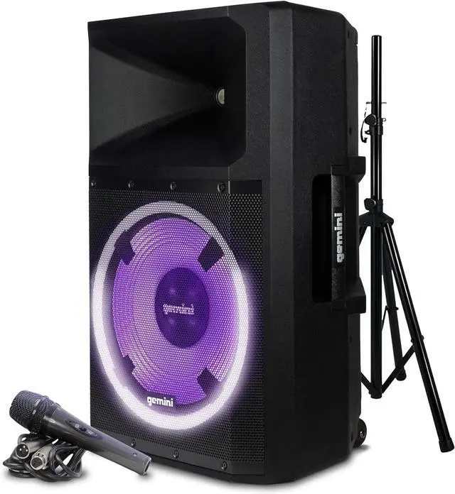 Main image of Gemini 15 2200W Bluetooth PA Speaker System  DJ Loudspeaker with Stand, Wired Mic, LED Lights, TWS Stereo Pairing, 3-Channel Mixer, EQ Control  AC Powered (GSP-L2200PK)
